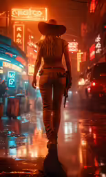 a woman standing in the rain holding a gun and wearing a cowboy hat