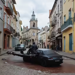a large gun strapped to the top of a car