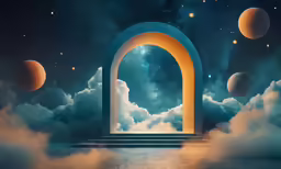 an arch to the stars above clouds and saturn