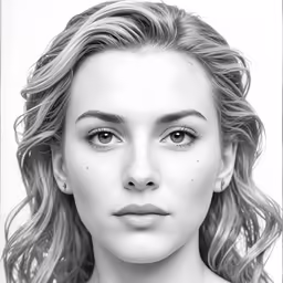 a girl with curly hair is shown in black and white