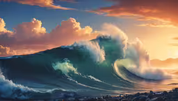 a wave breaking into the water at sunset,large, crashing waves in the sunset or sunrise