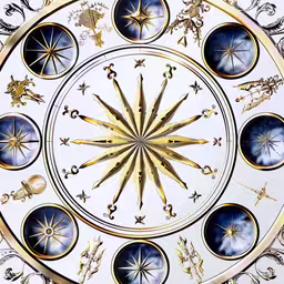 a white and gold clock with many different clocks,a very ornate ceiling made with different types of stars