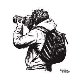 the man takes photos with his camera while wearing a backpack