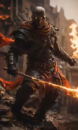 an armored man with a burning sword and hood