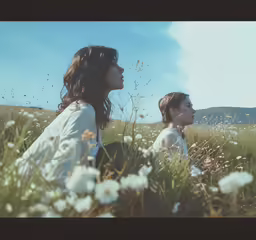 two people sitting in the grass, one looks off into the distance