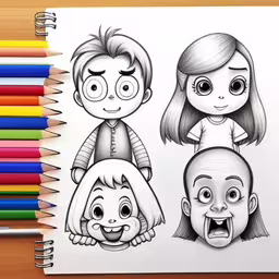 drawing of kids, with the character of them with their face on top,cartoon faces drawn on paper with colored pencils