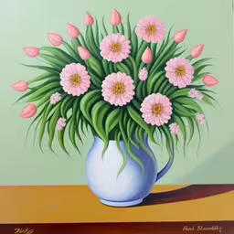 a blue vase with flowers sitting on a table,an oil painting of pink flowers in a blue vase
