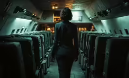 a woman is walking towards some seats in an airplane