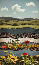 a view of flowers and the fields behind them