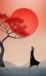 a woman is standing near a tree and a red sun