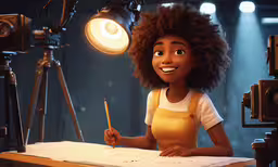 a black girl is smiling behind a camera, while she sits in front of an art work,an animated girl looks up at the camera and writes in her notebook