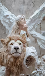 a white lion behind a blond haired woman