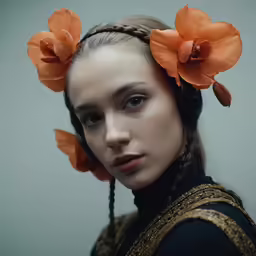 a woman with three orange flowers in her hair