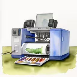 an image of an automatic printer printing pictures,there are color samples and a laptop on the table