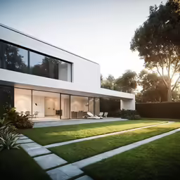 the modern house is outside in the evening