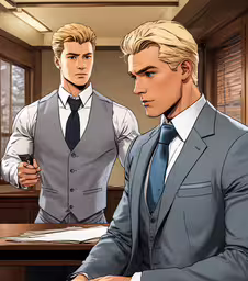 two men in suits in front of a table,two men sitting at a table in front of a laptop