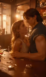 a young couple embraces each other on the bar