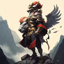 an animal character is on a rock with large wings and armor