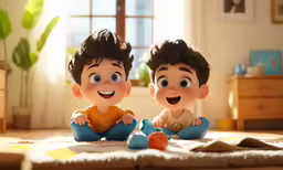 two children sit on the floor with toys