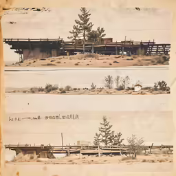 a split up shows an abandoned farm, pine tree, and building