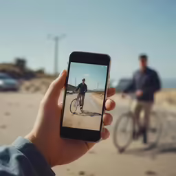 a hand holding a smart phone displaying a picture of a bicycle rider