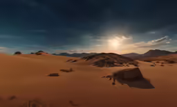 the sun is just going down over sand dunes