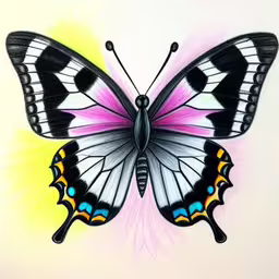 a butterfly with multi colored wings is depicted,the colorful painting of a butterfly shows different colors,an image of a butterfly painted with colored pencils,a multicolored butterfly with black and white wings,this is an illustration of a butterfly