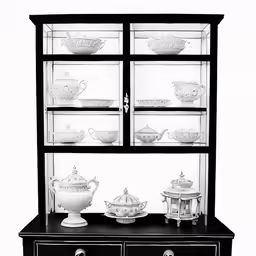 an image of glass shelves with a few tea dishes
