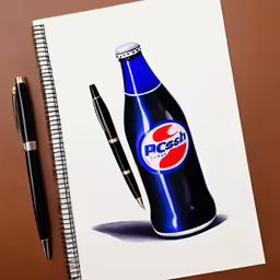 a pepsi cola bottle sits next to a pen on a table