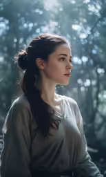 a girl in a gray top stares into the distance