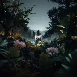 a woman in a dark forest is surrounded by flowers