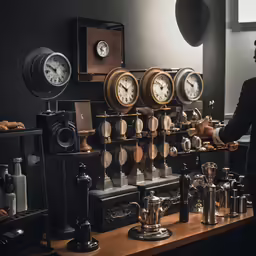 an employee in a restaurant is standing next to the wall full of clocks