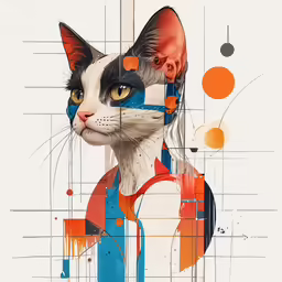 an abstract cat on white with orange and blue