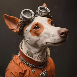 the dog is wearing a coat with metal rims and goggles on his head