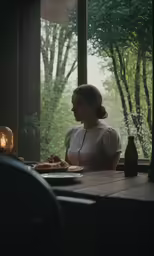 a woman in a white dress eating food at the table