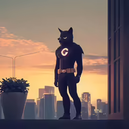a man in a cat costume standing near a plant in a window