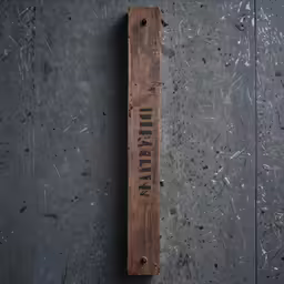 wooden sign hanging on the side of a concrete floor
