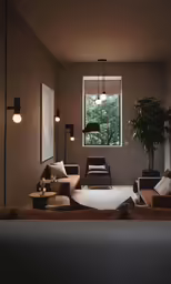 an image of a living room with sofas and chairs