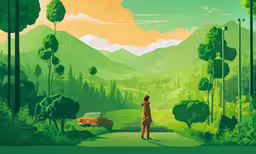 a person stands on the road while looking at mountains,a man standing in the middle of a forest
