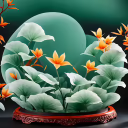 large green vase with flowers on red stand