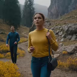 a man and woman are walking down a trail