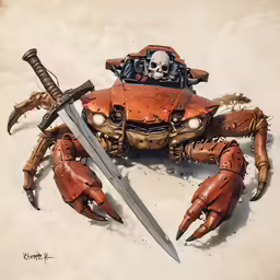 an orange crab with two massive swords attached