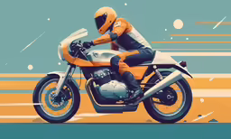 a man riding a motorcycle on top of an orange and blue field