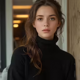 a woman in black sweater leaning against a wall
