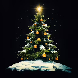 a christmas tree in the snow and bright lights