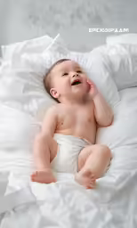 baby wearing diaper, smiling and laying on a white pillow