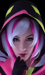 a woman with white hair is wearing a pink and black outfit