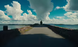 a person on a bike on the side of a road near water