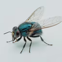 a blue fly sitting on top of a white background