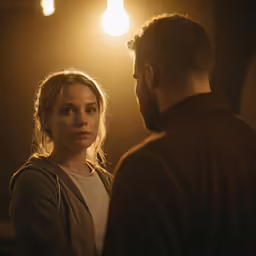 two people stand in front of a light